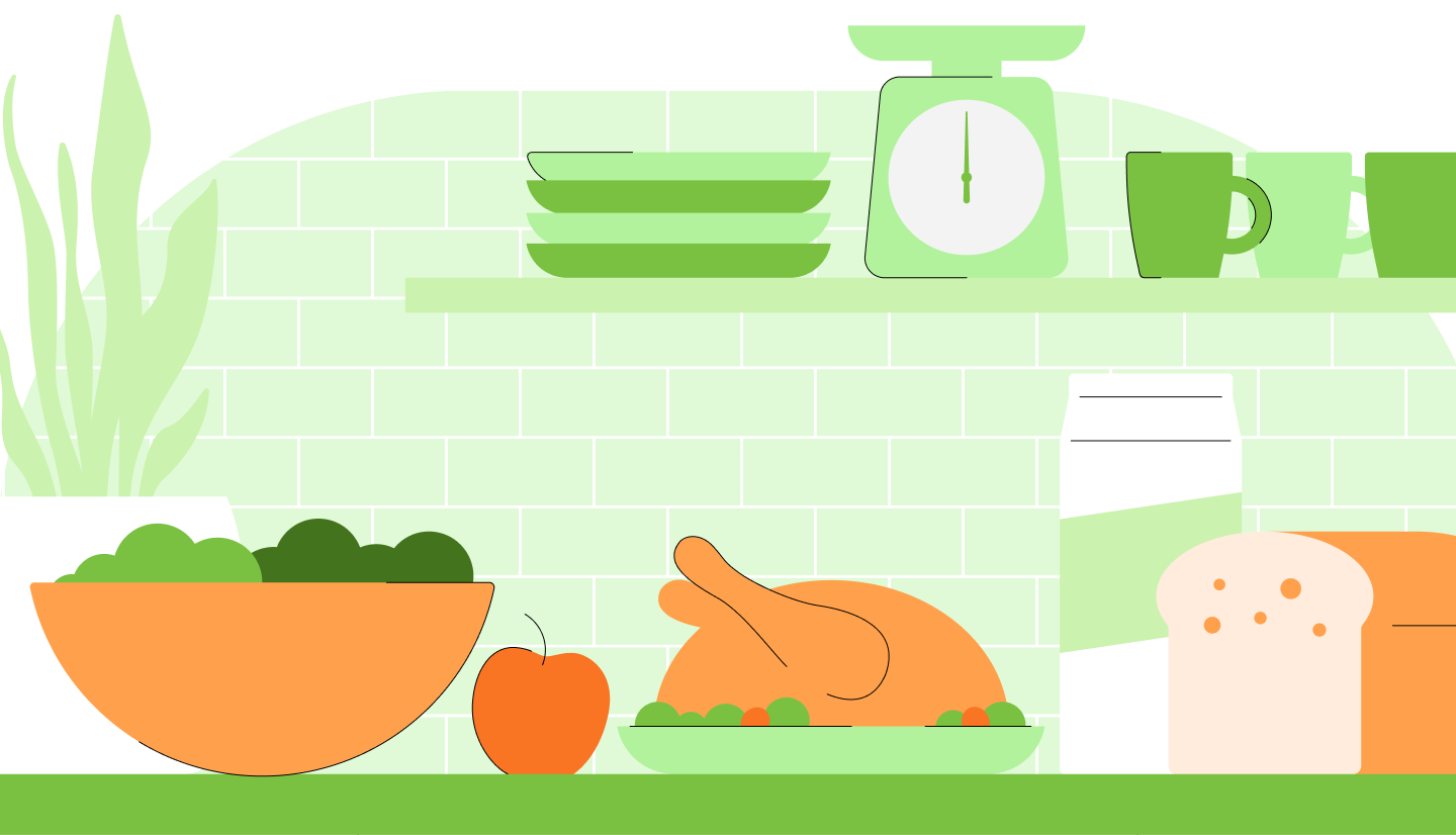 Illustrated image of a turkey, bowl of salad, an apple, and a loaf of bread in a kitchen.