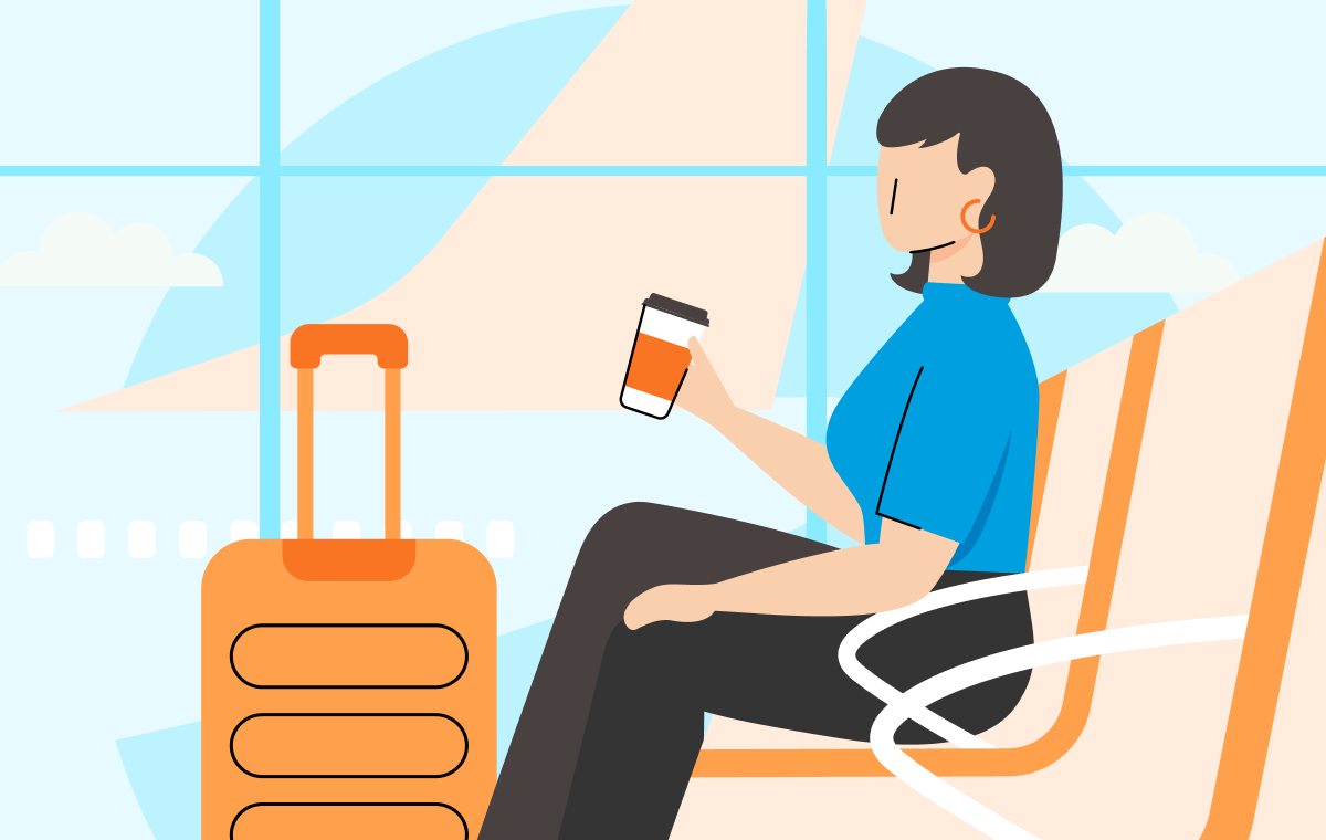 Illustrated image of woman sitting in airport with luggage and holding a coffee in her hand