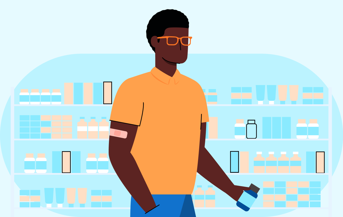 Illustrated image of man with bandage on arm walking through store with bottle in hand