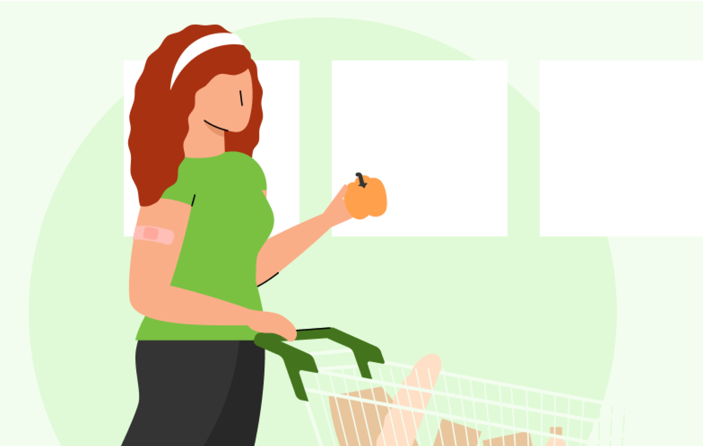 Illustrated image of a woman in a grocery store pushing a shopping cart and holding a yellow bell pepper