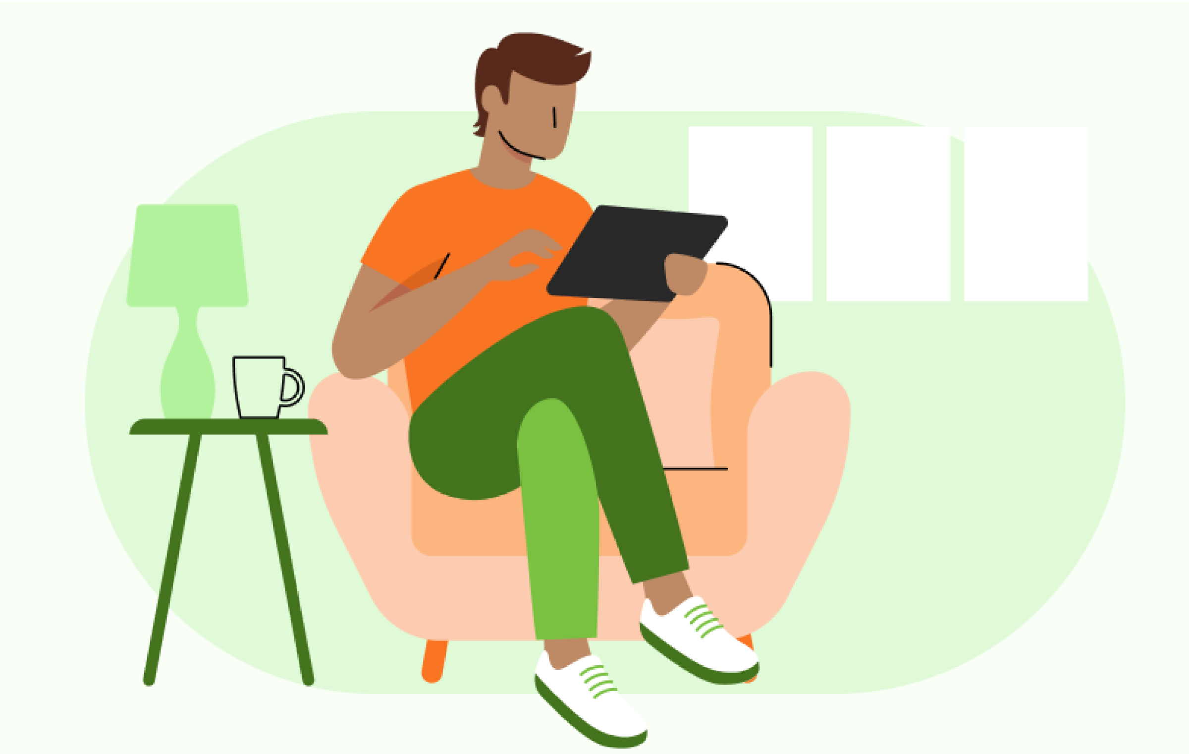 Illustrated image of a man sitting in a chair looking at a tablet with a mug on an end table next to him