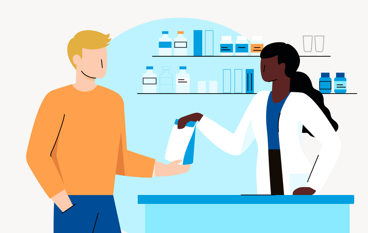 Illustration of woman pharmacist handing prescription medicine to a man