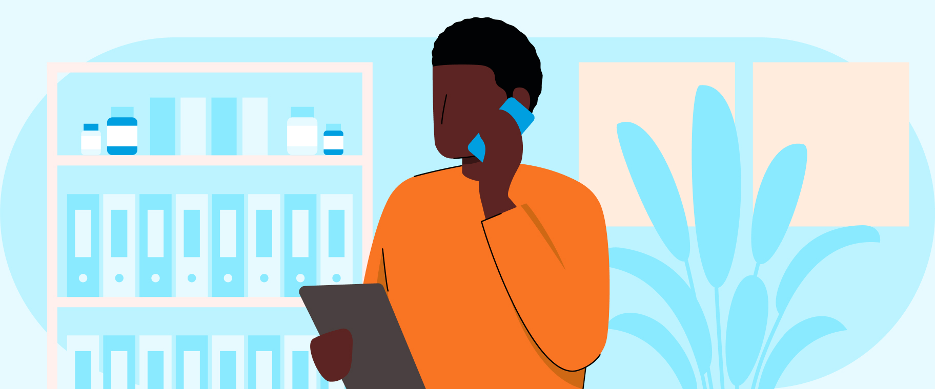 Illustrated image of pharmacist looking at a tablet while talking on the phone